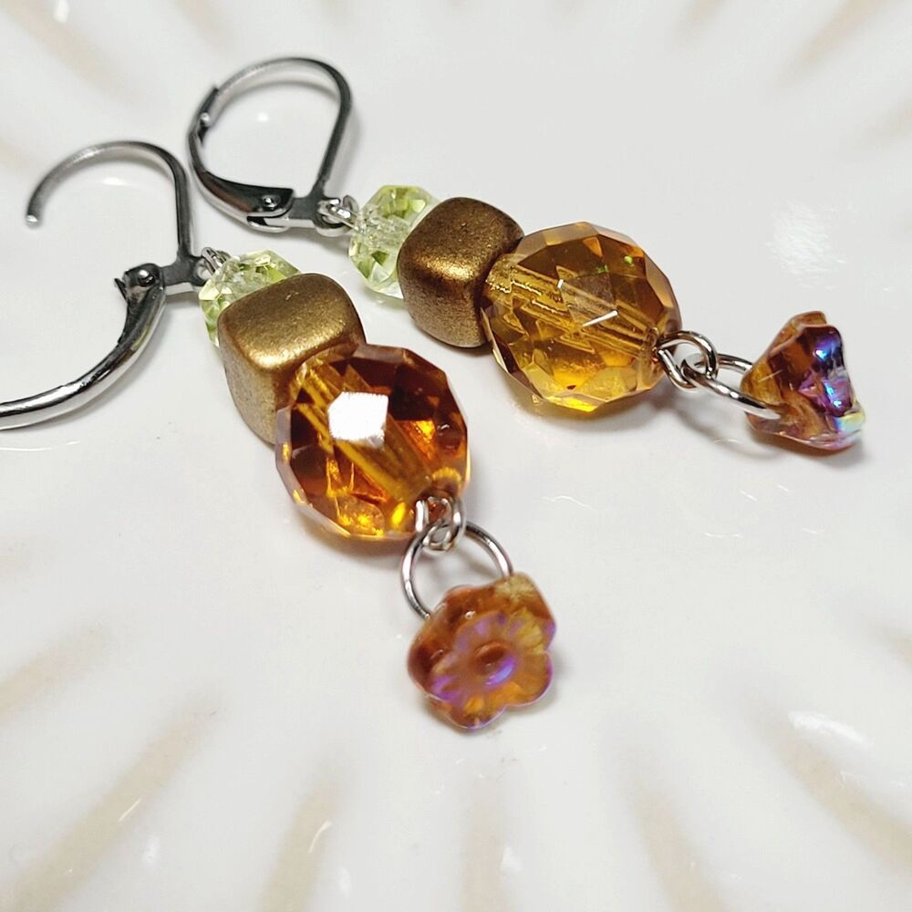 Amber Glass Leverback earrings handmade Secret Lore earrings Earthy Boho 689■